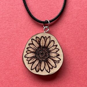 Handmade, Wood Burned Sunflower Necklace